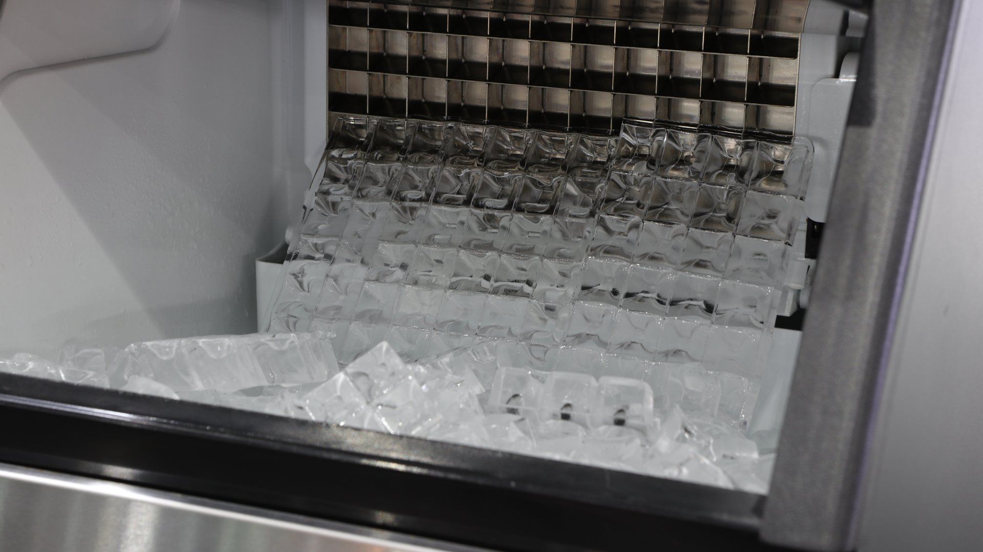 Ice cubes stored in a commercial ice making machine